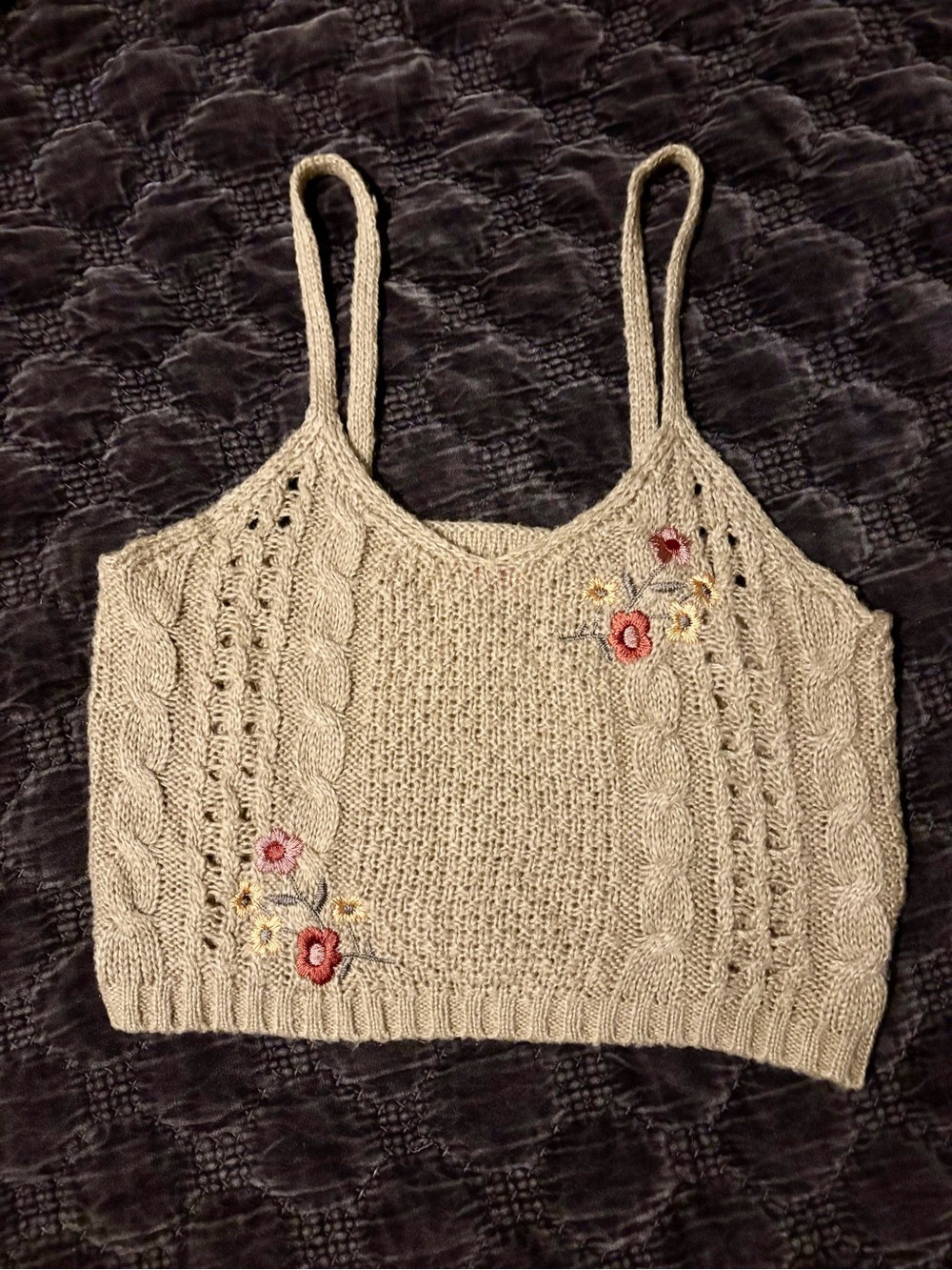 Crave Fame Beige Cable Knit Floral Embroidered Cropped Camisole